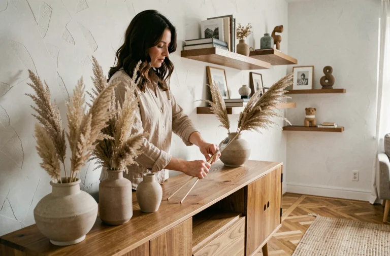 Femme arrangeant des vases en céramique et herbes de pampa sur un meuble en bois dans un salon scandinave épuré