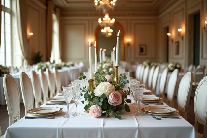 Decoración de mesa de recepción de boda elegante en un castillo con centros de mesa en peonías, candelabros dorados y vajilla refinada