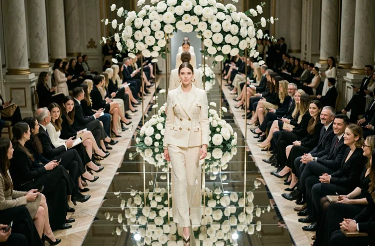 Défilé Chanel haute couture au Grand Palais avec des modèles en veste tweed ivoire sur un podium entouré de camélias blancs
