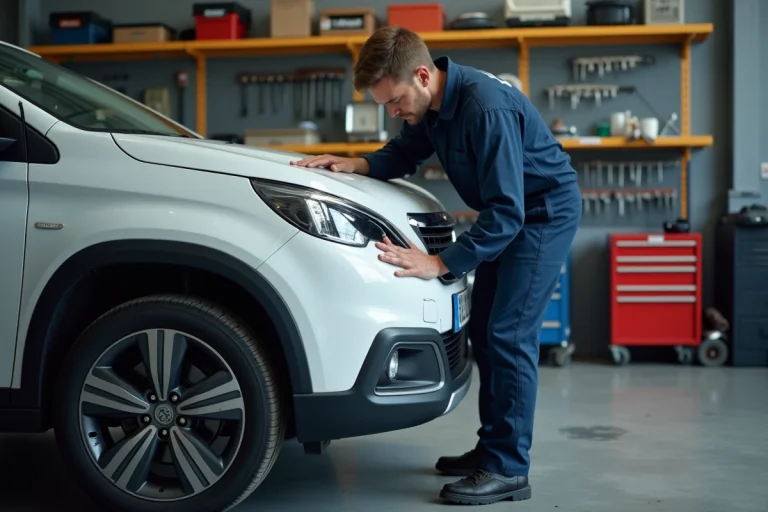 Mécanicien démontant le phare avant d'une Peugeot 2008 blanche dans un garage particulier