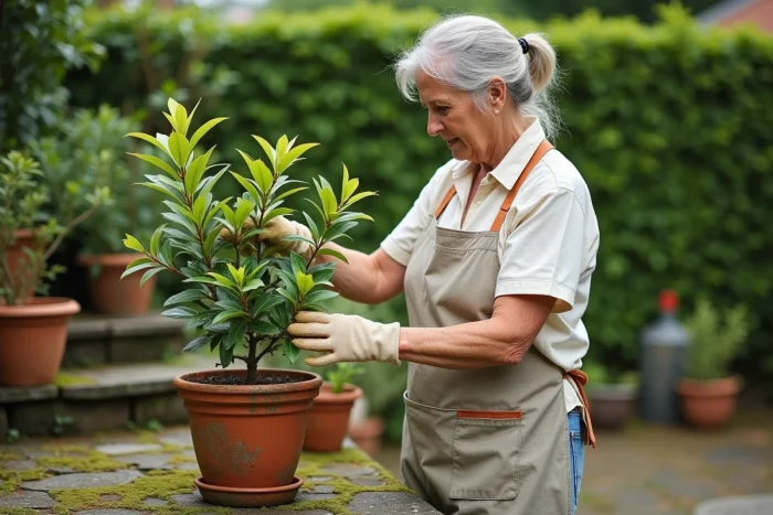 Jardinero inspeccionando un laurel en maceta para identificar enfermedades o plagas en un jardín residencial
