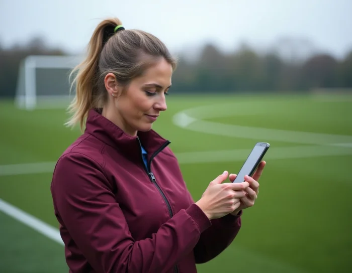 Mujer dirigente de club de fútbol utilizando la aplicación Footclubs FFF al borde de un campo