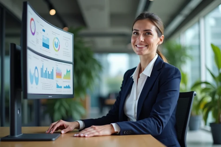 Dirigeante d'entreprise analysant des tableaux de bord digitaux sur un écran courbe pour optimiser la gestion de sa société