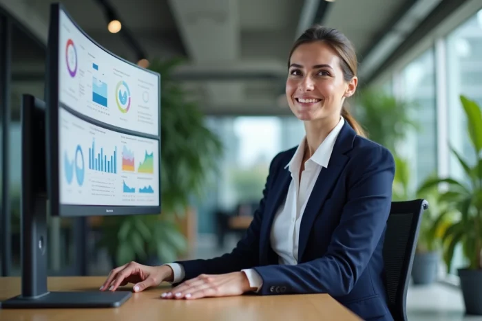 Dirigeante d'entreprise analysant des tableaux de bord digitaux sur un écran courbe pour optimiser la gestion de sa société