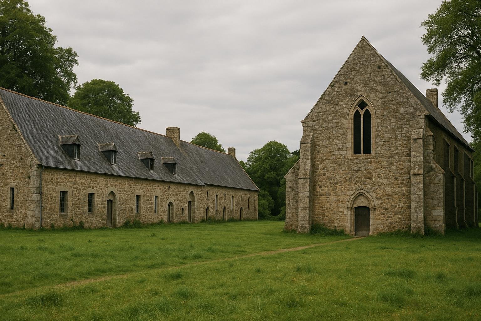 Les bâtiments en pierre d’une ancienne abbaye entourés de prairies