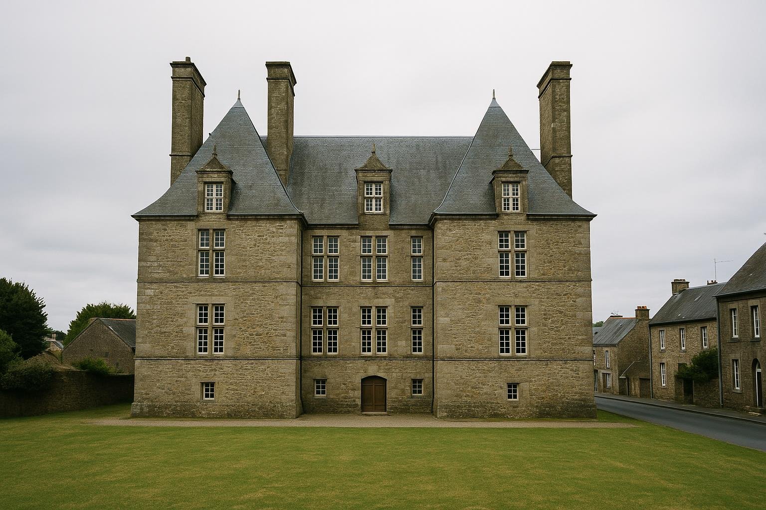 La façade d’un château de granit à hautes cheminées et toits d’ardoise, au bord d’un bourg