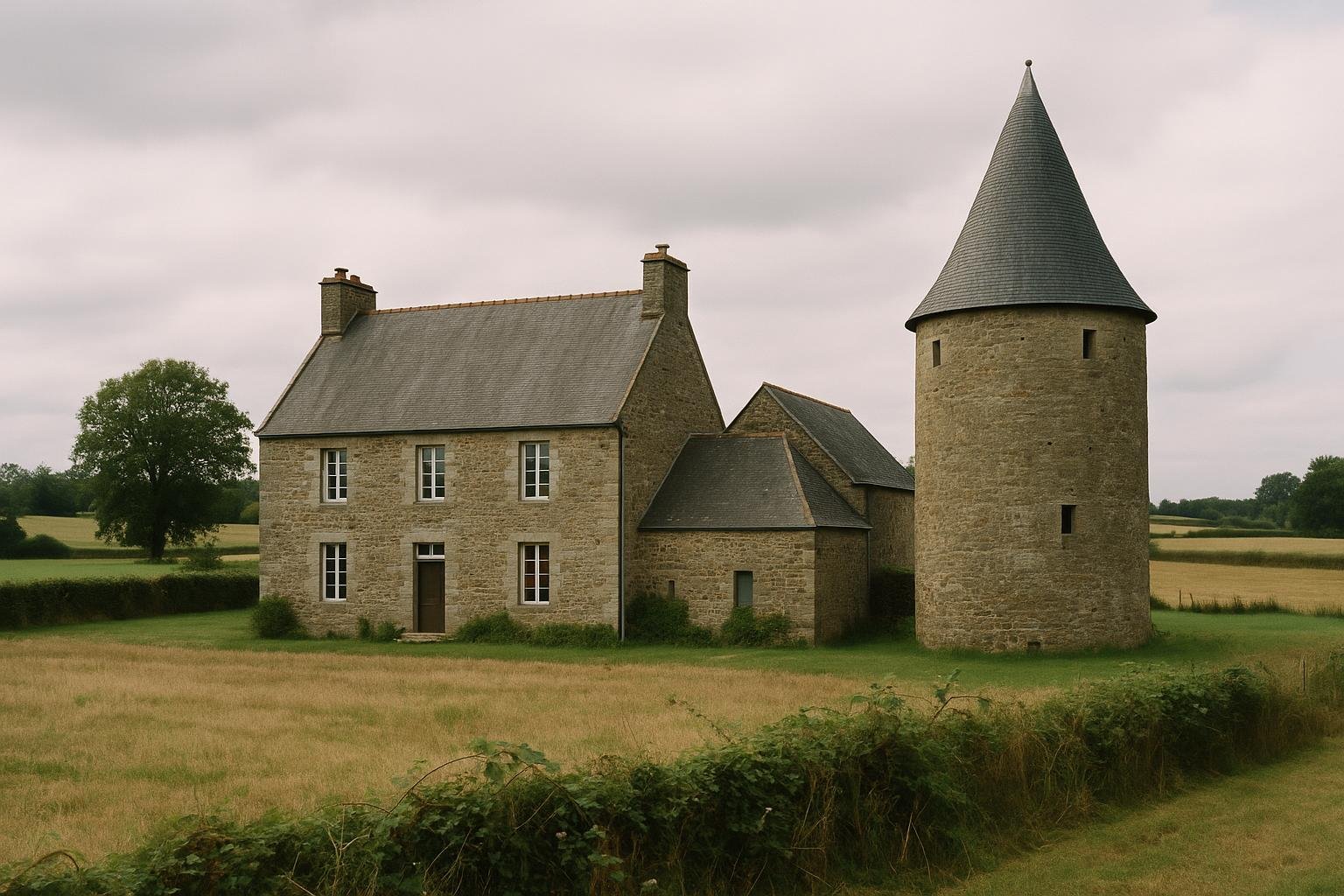 Un vieux manoir de granit flanqué d’une tour ronde, au milieu des champs