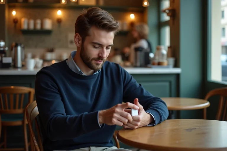Jeune homme parisien découvrant un traceur connecté Rabbit Finder dans un café classique