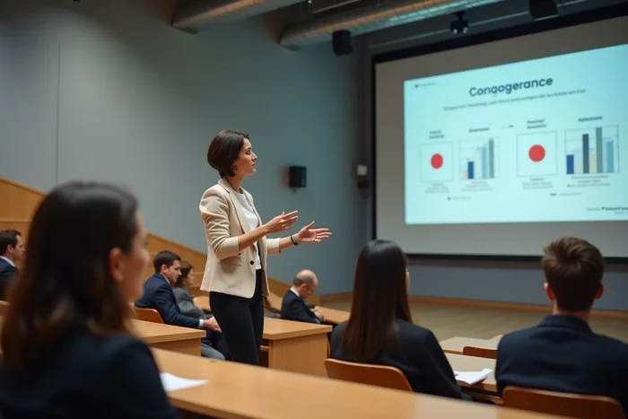 Una economista francesa presentando una comparación económica entre Francia y Japón frente a un auditorio universitario