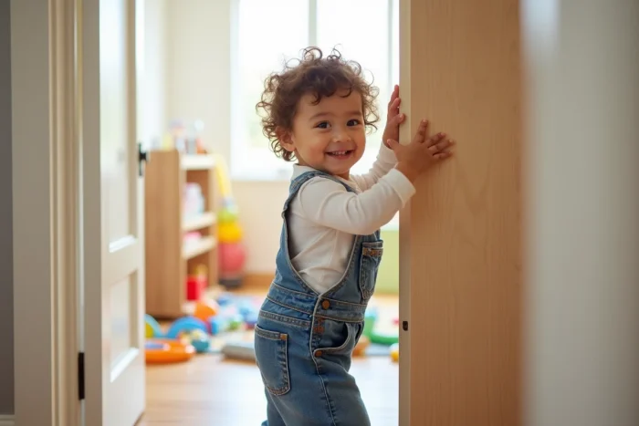 Niño de 2 años empujando orgullosamente una puerta abierta en una sala de juegos luminosa, volviéndose con una sonrisa satisfecha