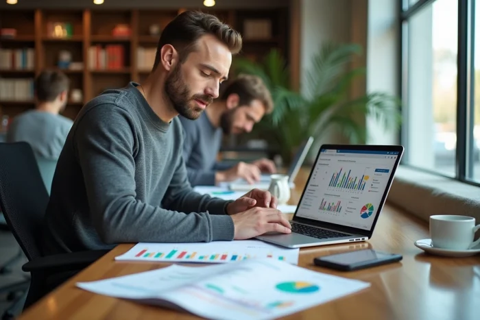 Emprendedor analizando informes financieros e indicadores de rendimiento en un espacio de coworking