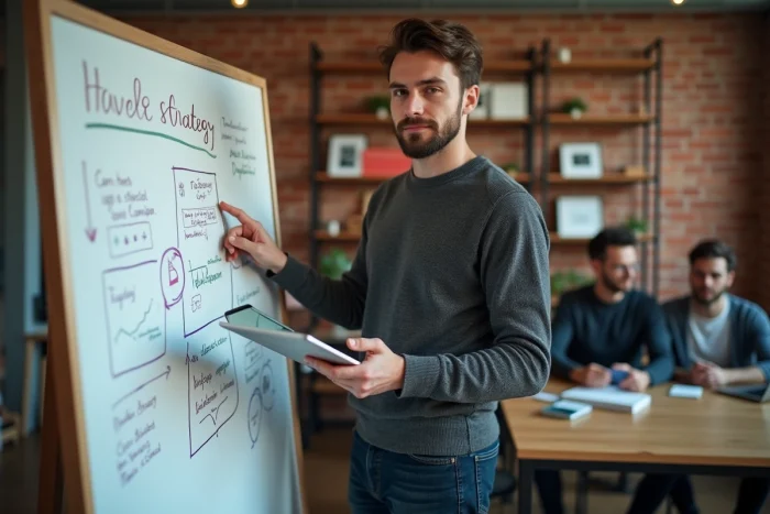 Emprendedor presentando una estrategia de gestión digital en una pizarra en un espacio de coworking moderno