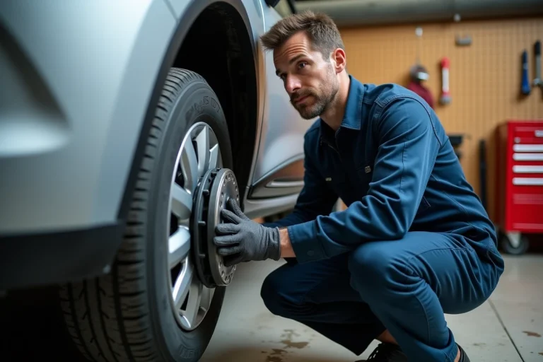 Mécanicien inspectant le disque de frein d'une Renault Clio 3 Phase 2 dans un garage privé bien équipé