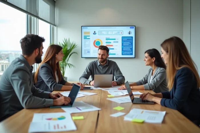 Equipo profesional colaborando en torno a herramientas digitales y análisis de datos para mejorar el crecimiento de la empresa