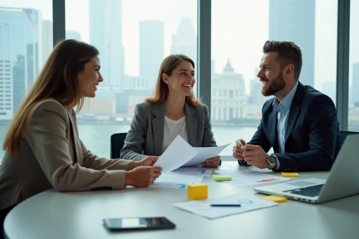 Equipo profesional diverso colaborando alrededor de una mesa en una sala de reuniones para desarrollar una estrategia de negocio en línea