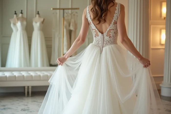 Novia probándose un vestido con varias capas de tul visibles en un salón de bodas elegante