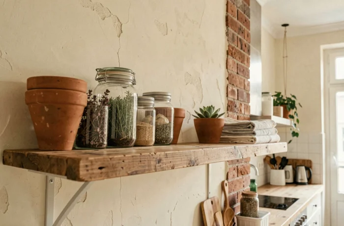 Étagère de cuisine décorée avec des pots en terre cuite, bocaux vintage et plantes succulentes dans un appartement parisien
