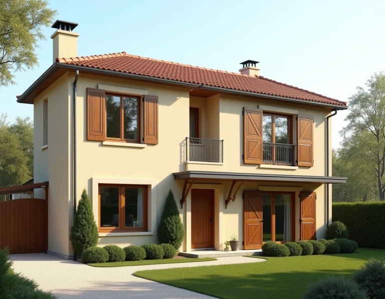 Façade extérieure d'une maison de type 5 avec jardin aménagé et architecture contemporaine