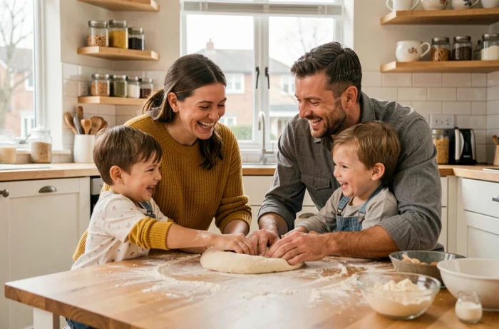 Famille complète préparant de la pâte ensemble dans une cuisine familiale dans une ambiance de complicité et de parentalité bienveillante