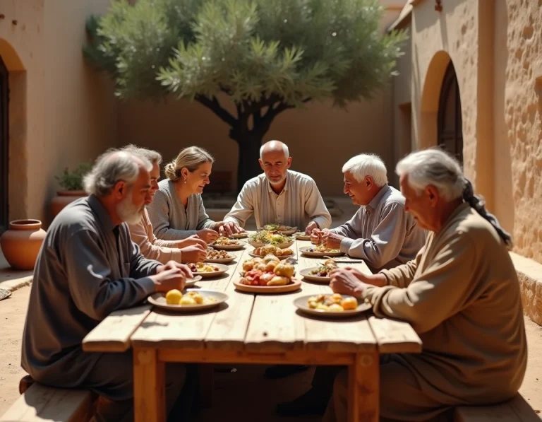 Famille multigénérationnelle réunie autour d'un repas dans un village rural du Moyen-Orient, illustrant les liens familiaux étroits et les traditions communautaires