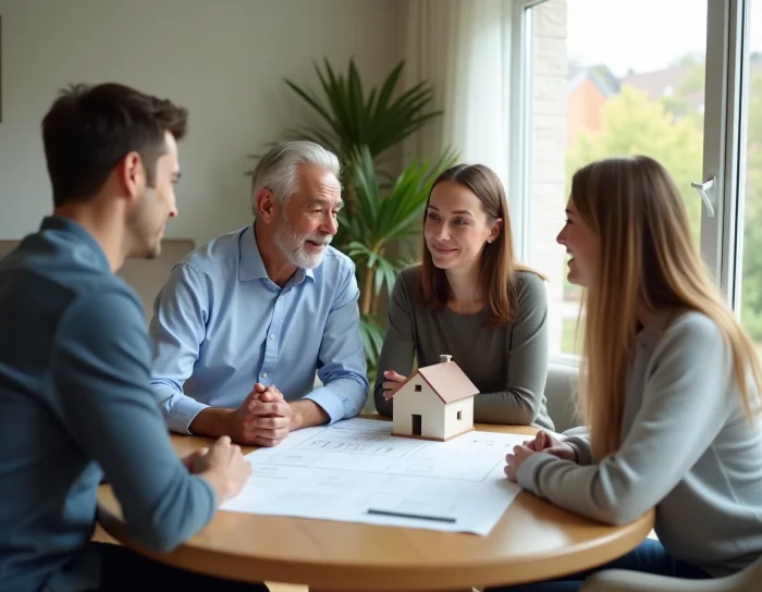 Una familia reunida alrededor de una mesa discute una estrategia de donación inmobiliaria y patrimonial antes de los 61 años