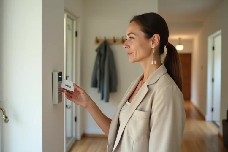 Femme activant une alarme Verisure avec un badge devant le panneau de sécurité à l'entrée de sa maison