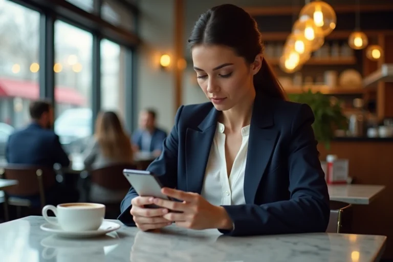 Femme parcourant les actualités du jour sur son smartphone dans un café urbain moderne
