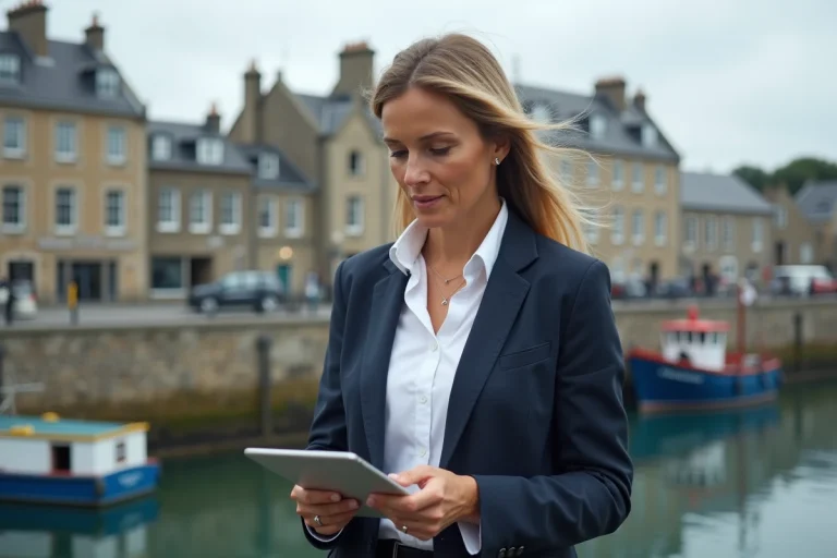 Femme d'affaires consultant une tablette sur un quai en granit breton avec un port traditionnel en arrière-plan, illustrant l'implantation d'entreprise en Bretagne