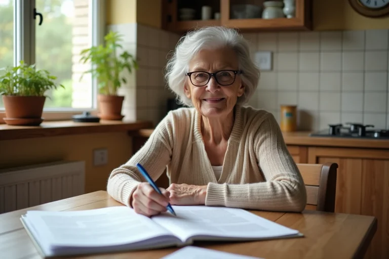 Femme âgée vérifiant ses documents ADMR à la table de cuisine pour éviter les erreurs de facturation