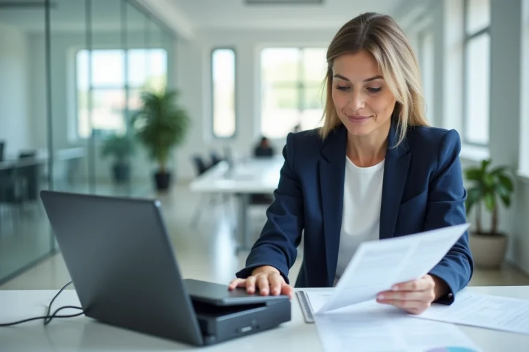 Femme professionnelle numérisant des documents papier dans un bureau moderne pour une gestion documentaire dématérialisée