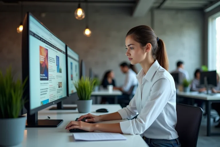 Femme consultantles dernières tendances numériques sur un écran ultrawide dans un bureau moderne