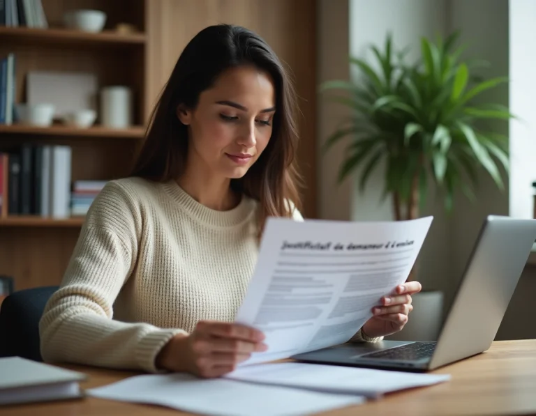 Femme demandeur d'emploi lisant son justificatif d'inscription à Pôle emploi assis à un bureau en bois à domicile