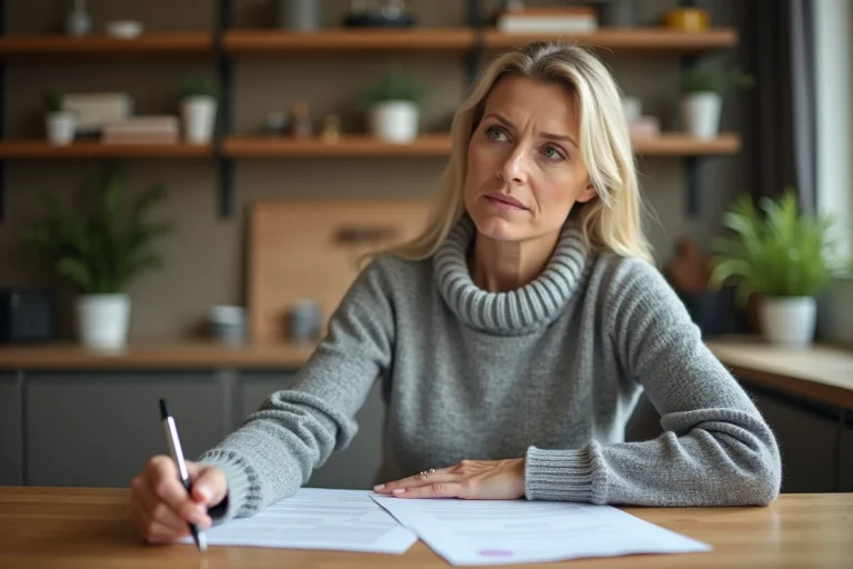 Femme seule qui examine des documents juridiques de divorce à une table en bois dans un appartement moderne