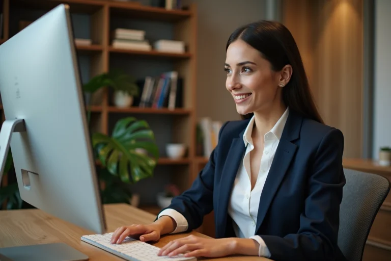 Femme entrepreneur analysant des données business en ligne sur un grand écran dans un bureau moderne et élégant