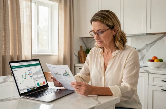 Femme étudiant des documents de financement immobilier depuis son appartement moderne