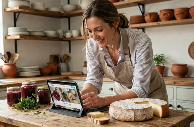 Femme explorant le site culinaire L'Art du Goût sur une tablette entourée de produits artisanaux sur une table en bois rustique
