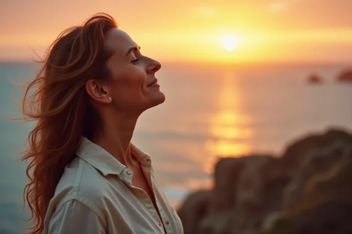 Mujer al borde de un acantilado contemplando la puesta de sol, ilustración de los nombres poéticos del sol