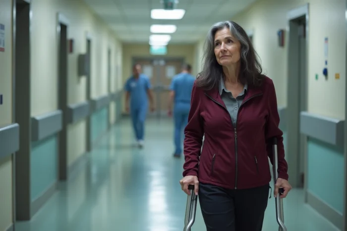 Mujer en situación de discapacidad motora en un pasillo de un hospital francés, ilustrando las enfermedades reconocidas para la invalidez
