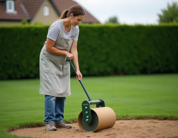 Mujer jardinera observando semillas de césped no enterradas en la superficie de un césped recién sembrado con un rodillo de césped