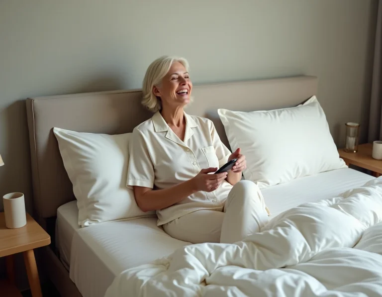 Femme assise sur un lit électrique réglable tenant une télécommande, entourée d'équipements de literie confortables dans une chambre moderne