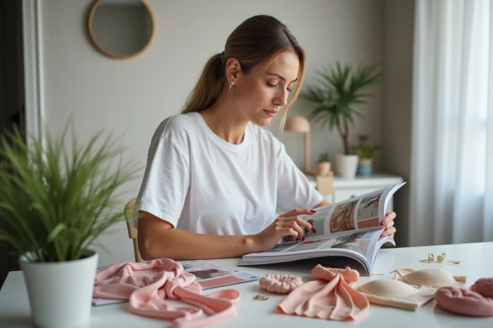 Mujer consultando una revista de estilo rodeada de accesorios femeninos para mejorar su silueta
