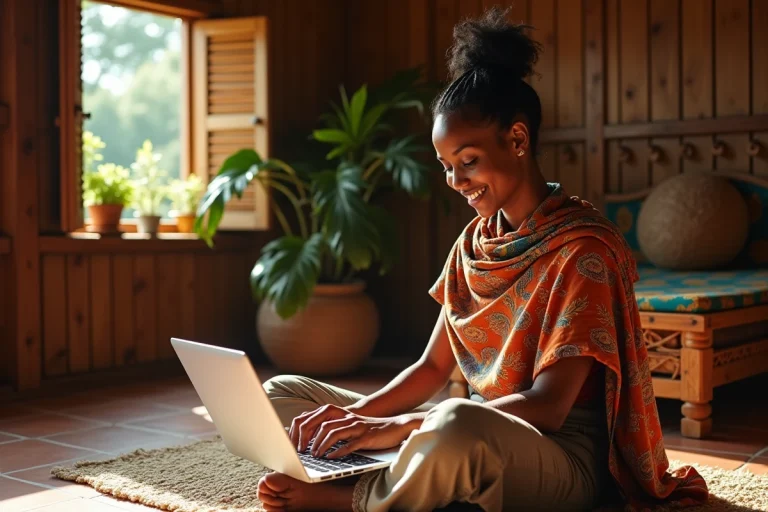 Jeune femme malgache regardant des vidéos en ligne sur un ordinateur portable dans un intérieur traditionnel décoré