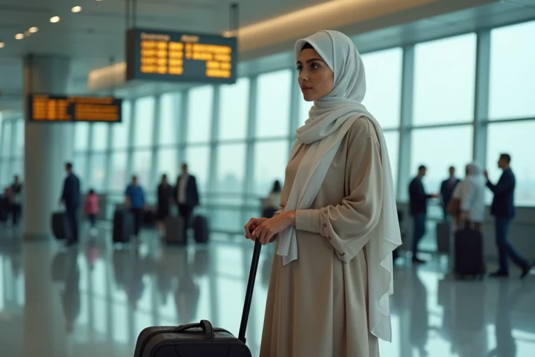 Femme musulmane en abaya et hijab blanc dans un aéroport international, tenant des documents de voyage avant son départ pour la omra