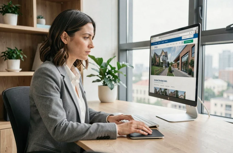 Femme consultant un site de chasseur immobilier sur ordinateur dans un bureau à domicile moderne
