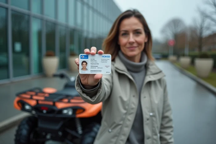 Mujer sosteniendo un permiso B francés frente a un quad estacionado en un aparcamiento urbano, ilustrando las condiciones legales para conducir un quad