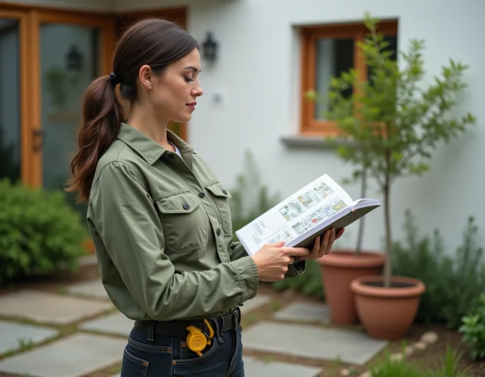 Mujer consultando una guía de jardinería para plantar un árbol a la distancia correcta de su casa