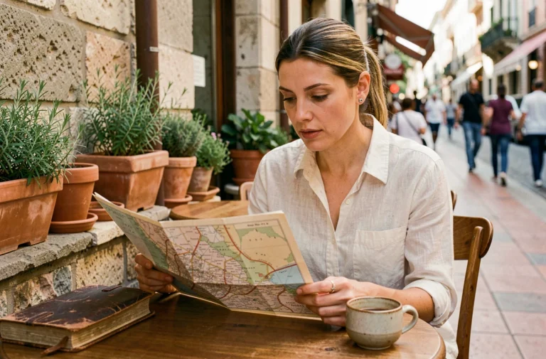 Femme étudiant une carte de voyage dans un café européen, planifiant ses prochaines aventures autour du monde
