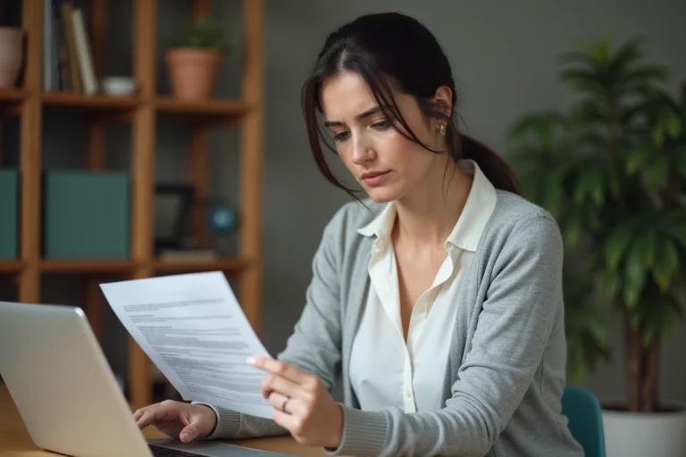 Femme rédigeant une justification d'absence familiale à son bureau à domicile