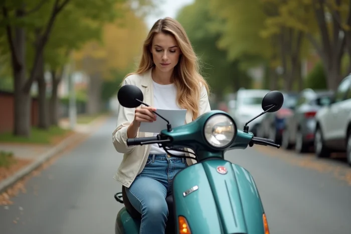 Mujer consultando una ficha técnica sentada en un scooter 50cc en un entorno urbano para comparar con un modelo 49cc
