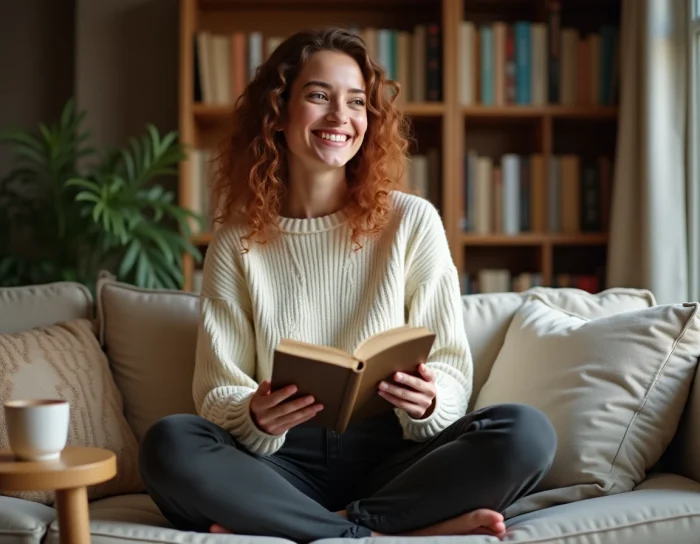 Joven mujer sonriente en un salón acogedor evocando la vida de pareja amorosa y plena en casa